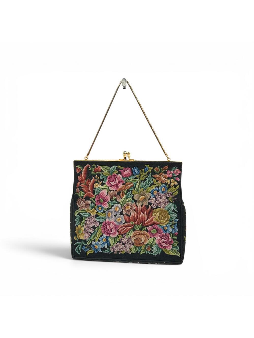 Vintage Floral Needlepoint Handbag with Gold Tone Frame and Handle